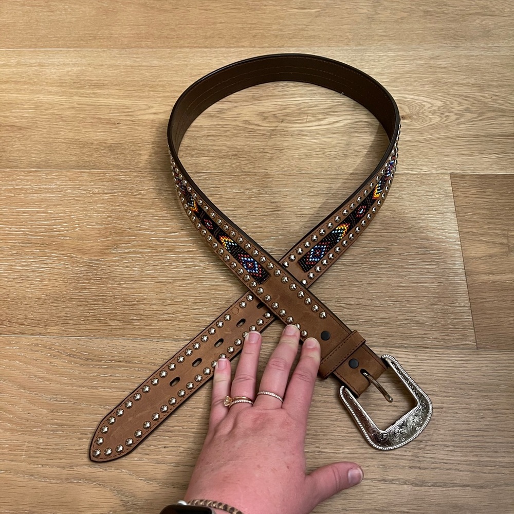 Hand beaded, genuine leather and silver belt